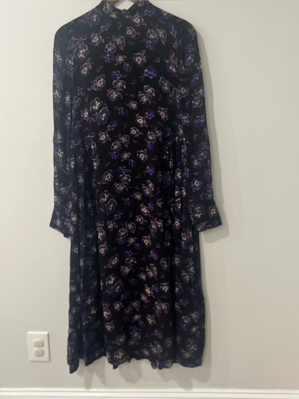 GANNI Floral Midi Dress Black Purple Long Sleeve Size 38/US size 6 - Picture 2 of 14